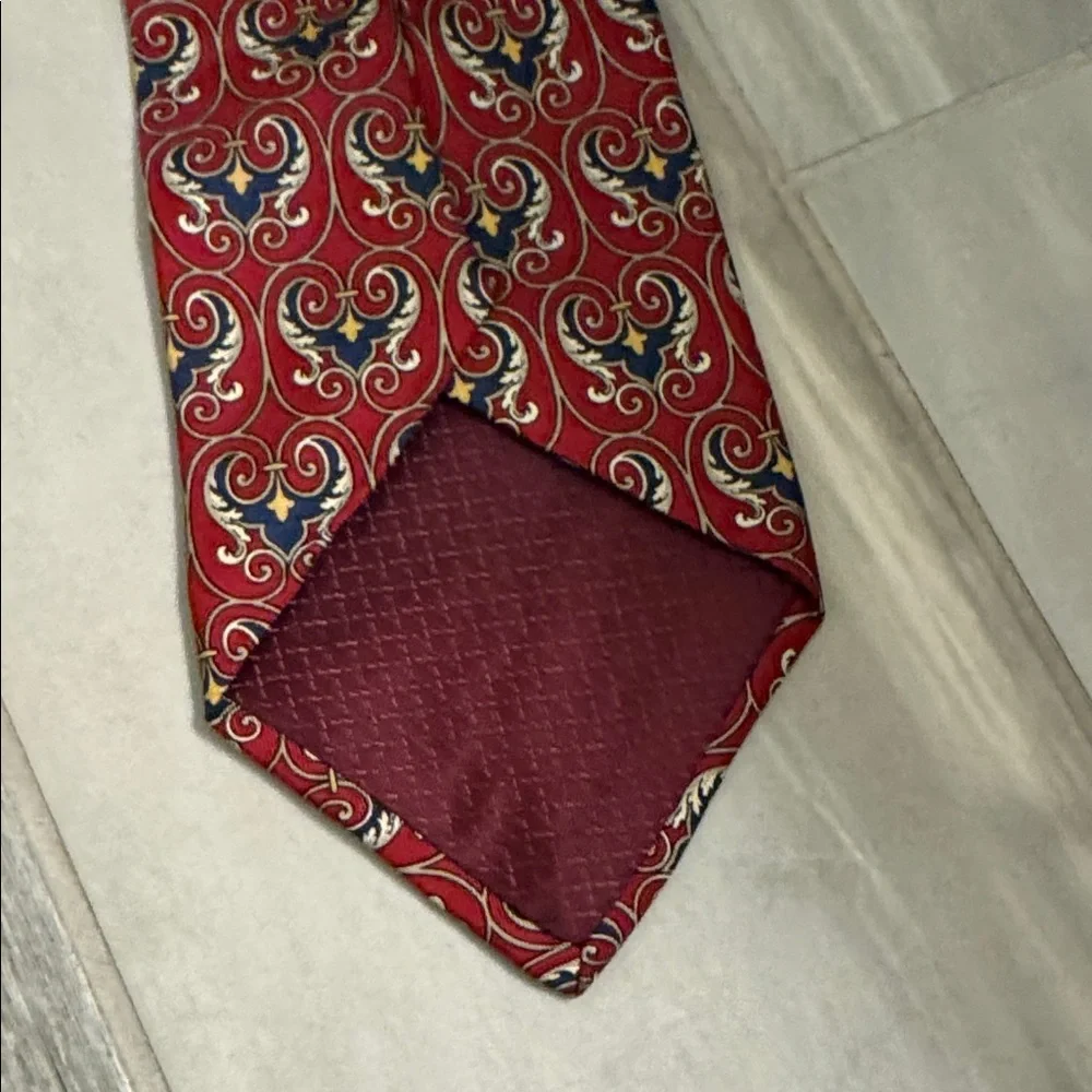 Dior Red Tie with Navy and Gold Scroll Motif